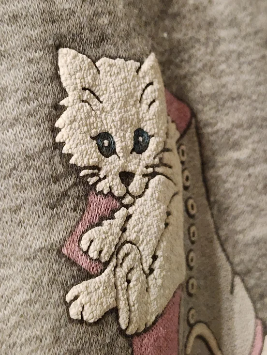 VINTAGE Spumoni by Franko Gray Cats in Boots Sweatshirt Sz Medium Puffy Textured - Picture 4 of 5